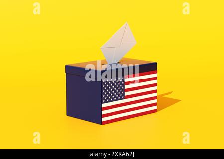 Élections présidentielles AMÉRICAINES et vote. L'urne avec le drapeau américain accepte une enveloppe contenant un vote sur fond jaune. Banque D'Images