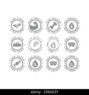 Jeu d'étiquettes à haute teneur en protéines, faible teneur en graisses et zéro alcool. Étiquettes vectorielles à faible teneur en glucides, à haute teneur en fibres et en calcium. Illustration de Vecteur