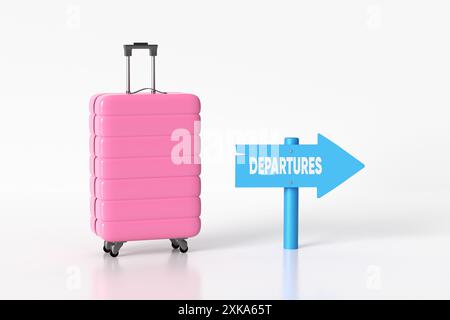 rendu 3d d'une valise rose debout près du signe des départs sur fond blanc représentant le concept de voyage Banque D'Images