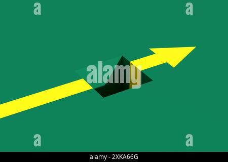 Flèche jaune changeant de direction et évitant l'obstacle. Continuité des activités, surmonter les défis et trouver un concept de solution. rendu 3d. Banque D'Images