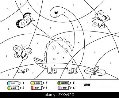 Activité couleur dinosaure par numéro. Page de coloriage dinosaure mignon pour les enfants. Livre de coloriage de conception imprimable. Puzzle de coloriage avec des nombres de couleur. Illustration de Vecteur