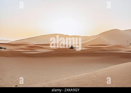 Balade à dos de chameau dans le désert du Sahara marocain pendant le coucher du soleil, Erg chebbi essai sud du Maroc, un groupe de touristes ils apprécient leur balade à dos de chameau dans le sable Banque D'Images