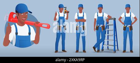 Bricoleur noir, ingénieur de maintenance personnage dans diverses poses et gestes tenant des outils de travail illustration vectorielle Illustration de Vecteur