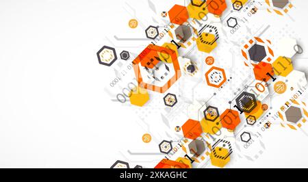 Fond de carte de circuit imprimé abstrait avec des hexagones. Concept de technologie numérique haute technologie. Vecteur dessiné à la main. Illustration de Vecteur
