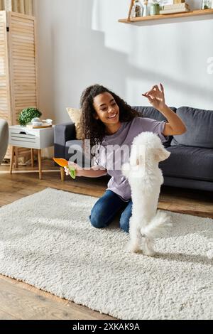 Une femme joue joyeusement avec sa frise de bichon sur le sol. Banque D'Images