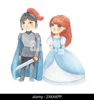 Illustration aquarelle d'un prince fantastique en armure bleue et grise avec épée et princesse en robe bleue. Illustration médiévale isolée. Pour les enfants Banque D'Images