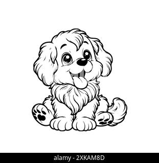 Adorable chiot de dessin animé souriant et assis heureux. Chien mignon et moelleux avec une expression amicale, une queue agitée et la langue. Pour le livre de coloriage enfant, t Illustration de Vecteur