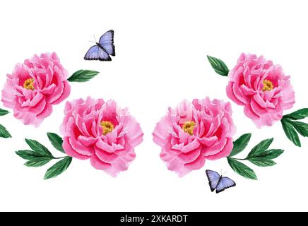 Bordure sans couture avec pivoines roses, feuilles vertes et papillons. Illustration d'aquarelle faite à la main sur fond blanc. Pour papier d'emballage, textile, wa Banque D'Images