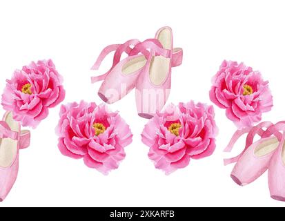 Bordure sans couture avec chaussures pointe roses et pivoines. Illustration d'aquarelle faite à la main sur fond blanc. Pour papier d'emballage, textile, papier peint, pack Banque D'Images