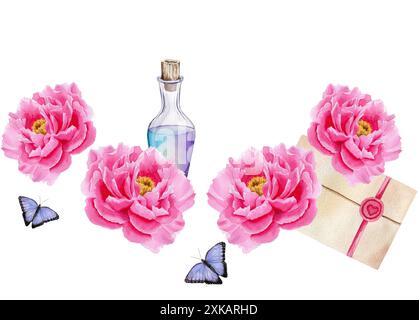 Bordure sans couture avec enveloppe, bouteille de parfum, papillon et pivoines. Illustration d'aquarelle faite à la main sur fond blanc. Pour papier d'emballage, textil Banque D'Images