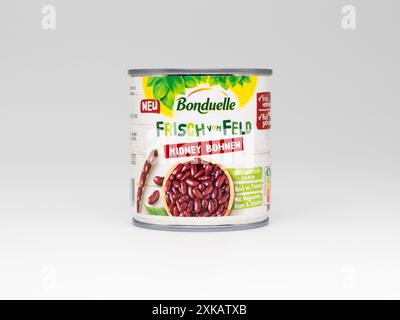 Bonduelle Kidney Bohnen (haricots) Frisch vom Feld (frais du champ) dans une boîte de conserve isolée sur blanc. Banque D'Images