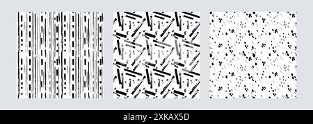 Ensemble de motifs sans couture vectoriel avec de petits pointillés, des rayures et des lignes verticales. Éléments noirs répétés dessinés à la main, éléments de gribouillage géométriques au crayon. Coups aléatoires, gouttelettes minimales ou saupoudrages dispersés. Illustration de Vecteur