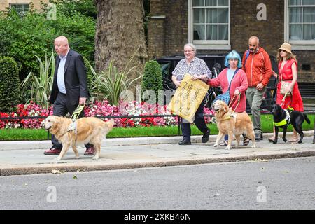 Londres, 22 juillet 2024. Le député Steve Darling avec le chien-guide Jennie à la tête du groupe. La National Federation of the Blind of the UK Hand dans une pétition au 10 Downing Street appelant à un arrêt temporaire de tous les arrêts de bus flottants prévus dans les nouvelles voies cyclables à travers le Royaume-Uni, car il s'agit d'une préoccupation importante pour la sécurité des personnes aveugles et autres. La pétition est organisée par Sarah Gayton (aux cheveux bleus), soutenue par le président de l'Association européenne des chiens aveugles, David Adams avec le chien Jimbo et le député de Libdem Steve Darling avec le chien guide Jennie, Sarah Leadbetter avec Nellie, et d'autres. Banque D'Images