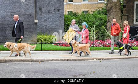 Londres, 22 juillet 2024. Le député Steve Darling avec le chien-guide Jennie à la tête du groupe. La National Federation of the Blind of the UK Hand dans une pétition au 10 Downing Street appelant à un arrêt temporaire de tous les arrêts de bus flottants prévus dans les nouvelles voies cyclables à travers le Royaume-Uni, car il s'agit d'une préoccupation importante pour la sécurité des personnes aveugles et autres. La pétition est organisée par Sarah Gayton (aux cheveux bleus), soutenue par le président de l'Association européenne des chiens aveugles, David Adams avec le chien Jimbo et le député de Libdem Steve Darling avec le chien guide Jennie, Sarah Leadbetter avec Nellie, et d'autres. Banque D'Images