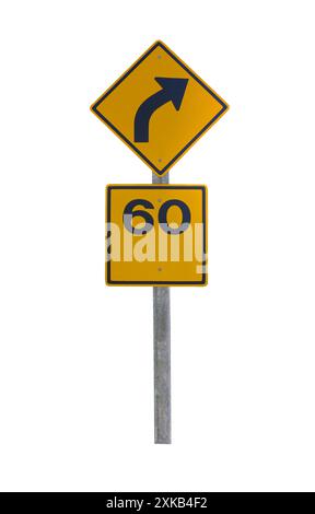 Panneau de signalisation jaune avec flèche et numéro 60, isoler sur fond blanc et avoir des chemins de détourage. Banque D'Images