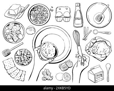 Dessiner les éléments de cuisson. Ingrédients de pâtisserie, vaisselle et accessoires, farine, oeufs, beurre, sucre et crème. Jeu d'illustrations vectorielles Illustration de Vecteur