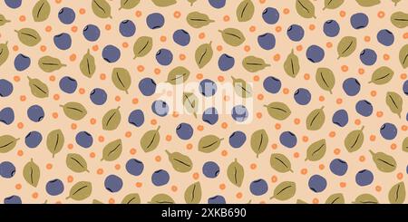 Bleuets et feuilles vertes motif vectoriel sans couture sur fond beige. Design vintage des myrtilles forestières Illustration de Vecteur