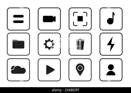 Icônes d'application minimalistes. Noir et blanc. Jeu de symboles d'interface. Collection graphique vectorielle. Illustration de Vecteur