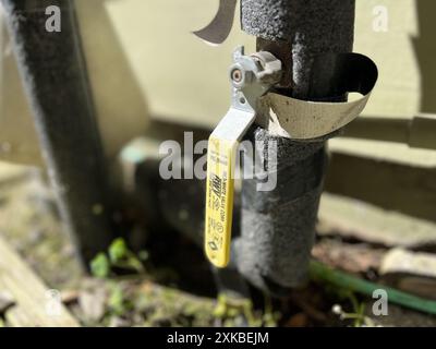 ÉTATS-UNIS. 29 mai 2024. Gros plan d'une vanne d'arrêt d'eau extérieure avec étiquetage, entourée de tuyaux isolés et de végétation, Reliez Valley, Californie, 29 mai 2024. (Photo Smith Collection/Gado/Sipa USA) crédit : Sipa USA/Alamy Live News Banque D'Images