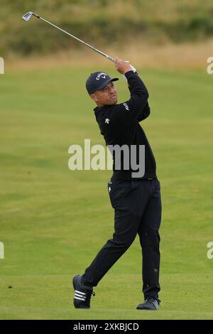 21 juillet 2024 ; Royal Troon Golf Club, Troon, South Ayrshire, Écosse ; la finale de l'Open Championship ; Xander Schauffele joue au 16e green Banque D'Images