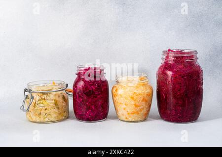 Chou en fermentation, chou blanc avec des carottes et des poivrons doux, chou rouge avec des oignons, choucroute Banque D'Images