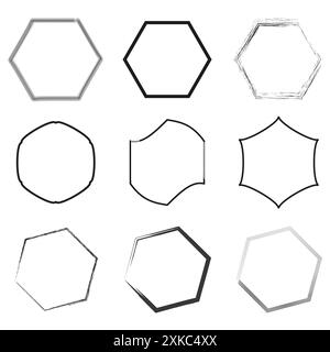 Jeu de cadres hexagonaux. Styles de ligne variés. Formes vectorielles géométriques. Contours noirs abstraits. Illustration de Vecteur