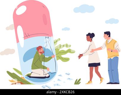 Concept d'abus de drogues. Homme toxicomanie les amis de la famille soutiennent l'aide, la toxicité des médicaments narcotiques substance opioïdes maladie des personnes dépendantes problème psychologique illustration vectorielle Illustration de Vecteur