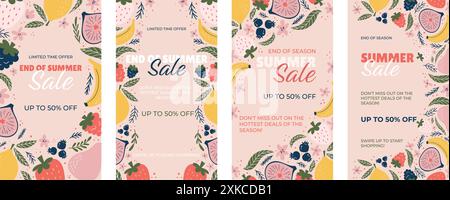 Quatre articles promotionnels sur les médias sociaux verticaux soldes d'été de fin de saison. Fond rose pastel avec des illustrations de fruits vibrantes bananes, citrons, figues, fraises, bleuets et accents floraux. Illustration de Vecteur