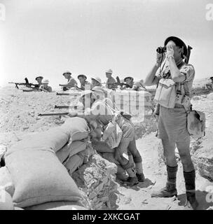 El Alamein. L'armée britannique en Afrique du Nord, 1942. Infanterie occupant une position défensive dans des sacs de sable près d'El Alamein., juillet 1942 Banque D'Images