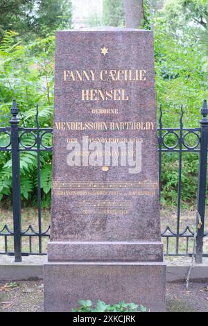 Berlin, Allemagne, 14 juillet 2024, pierre tombale de la compositrice allemande Fanny Hensel, sœur de Felix Mendelssohn-Bartholdy Banque D'Images