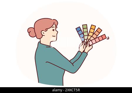 La femme tient la palette de couleurs et de nuances tout en considérant la décoration d'un nouvel appartement ou de design d'intérieur. Femme d'affaires avec la palette décide de la couleur désirée de la voiture Illustration de Vecteur