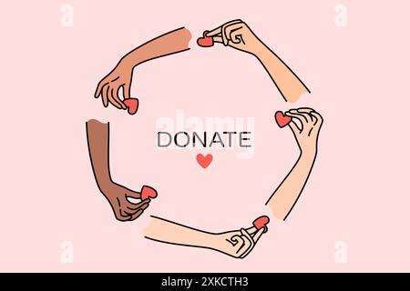 Faites un don de personnes aimables tenant le cœur dans les mains, métaphore pour donner de l'argent à une fondation caritative. Aider et donner du sang ou des organes pour sauver les patients sont victimes de maladie ou d'accident Illustration de Vecteur