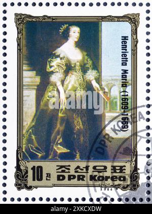 Timbre-poste oblitéré imprimé par la Corée du Nord, qui montre Henrietta Maria (1609-1669), portraits de dirigeants européens, vers 1984. Banque D'Images