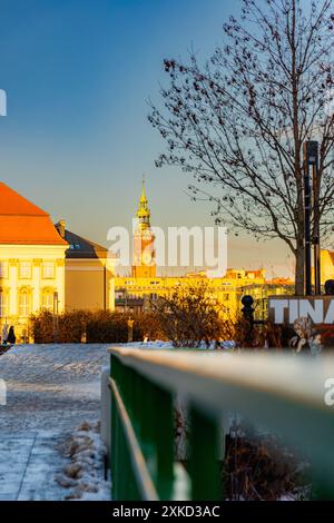 Wroclaw, Pologne - janvier 31 2024 : de hauts arbres et quelques bâtiments derrière se reflètent dans les petites douves de la ville après le dégel hivernal Banque D'Images