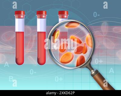 ECHANTILLONS de sang humain sous loupe. Illustration numérique, rendu 3D. Banque D'Images