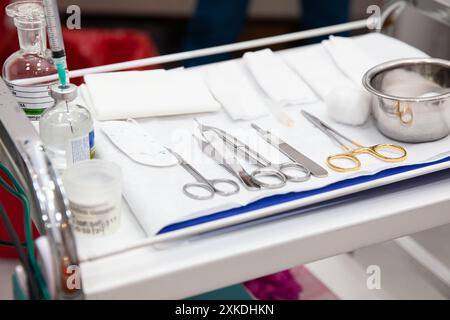 Instruments chirurgicaux pour la réalisation d'une petite intervention chirurgicale au cabinet dermatologique Banque D'Images