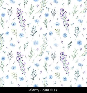 Fleurs et herbes de prairie. Motif sans couture de fleurs sauvages aromatiques. Fleur bleue et violette, épi vert. Printemps, verdure estivale. Aquarelle Banque D'Images