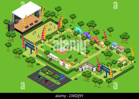 Une illustration vectorielle de concert Music Festival Summer Isomtric Map dans un parc Illustration de Vecteur