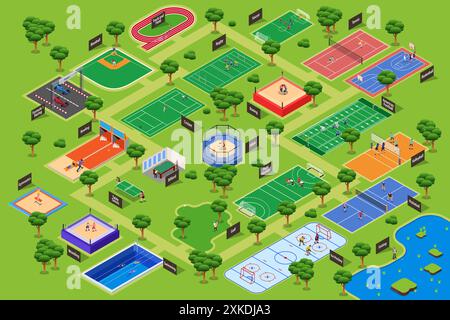 Une illustration vectorielle de la carte isométrique des terrains de sport différents dans un parc Illustration de Vecteur