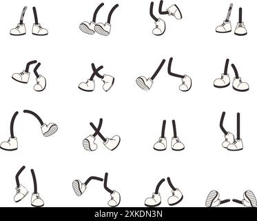 Jambes de bande dessinée. Bottes de chaussures, personnages de pieds d'animation de style rétro. Position assise debout en courant sautant marcher, ensemble de vecteurs serrés Illustration de Vecteur
