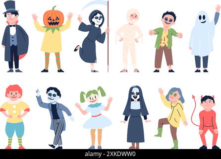 Costumes d'Halloween enfant. Enfants dans différentes tenues effrayantes. Vampire citrouille clown nonne de la mort. Fête ou carnaval petit vecteur récent Illustration de Vecteur