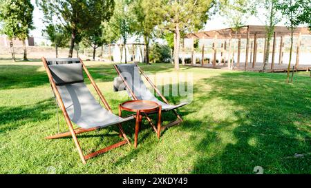 Deux chaises longues en bois avec des coussins gris sont installées sur une pelouse herbeuse, accompagnées d'une petite table ronde en bois. Le cadre extérieur est entouré par Banque D'Images