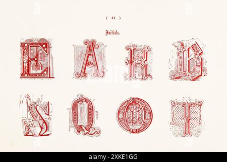 Illustration de l'alphabet décoratif antique. Assiette extraite d'un livre du XIXe siècle présentant des alphabets décoratifs anciens et médiévaux, des initiales et des monogrammes. Banque D'Images