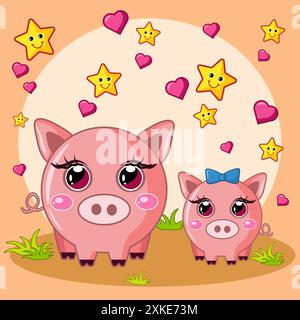 Concept de cochons mignons. Flore et faune, nature. Illustration vectorielle plate de dessin animé. Illustration pour enfants. Banque D'Images