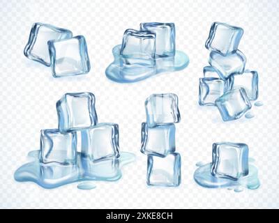 Faire fondre des glaçons. Cubes de fonte aqua congelés dans la flaque d'eau, piscine glacée solide liquide cristal humide fondu pile de blocs clairs pour le soda congelé ou les boissons alcoolisées, illustration vectorielle exacte des auteurs graphiques Illustration de Vecteur