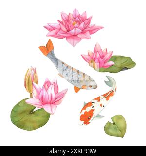 Carpes Koi et fleurs de lotus illustration aquarelle. Fond oriental asiatique dessiné à la main avec des poissons arc-en-ciel. Banque D'Images