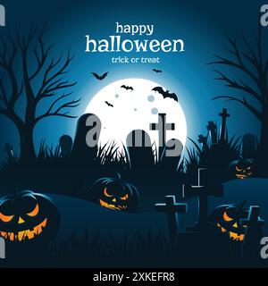 Joyeux fond d'Halloween. Vue nocturne du cimetière, avec pleine lune, chauves-souris volantes, pierres tombales et citrouilles effrayantes Illustration de Vecteur