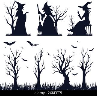 Happy Halloween sorcière Silhouette avec arbres et herbe Vector illustration Set Illustration de Vecteur