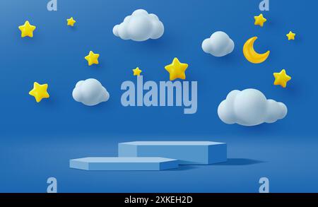 Podium pour enfants avec ciel bleu, nuages, étoiles et fond de lune. Présentoir de produits pour enfants Vector 3d, stade de bébé mignon, scène ou plate-forme. Pastel geo Illustration de Vecteur