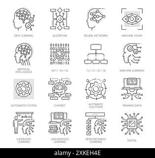 Apprentissage automatique, icônes d'algorithme d'intelligence artificielle ai. Analyse des données AI icônes vectorielles de ligne mince de technologie future définies avec chatbot, exploration de données, Illustration de Vecteur